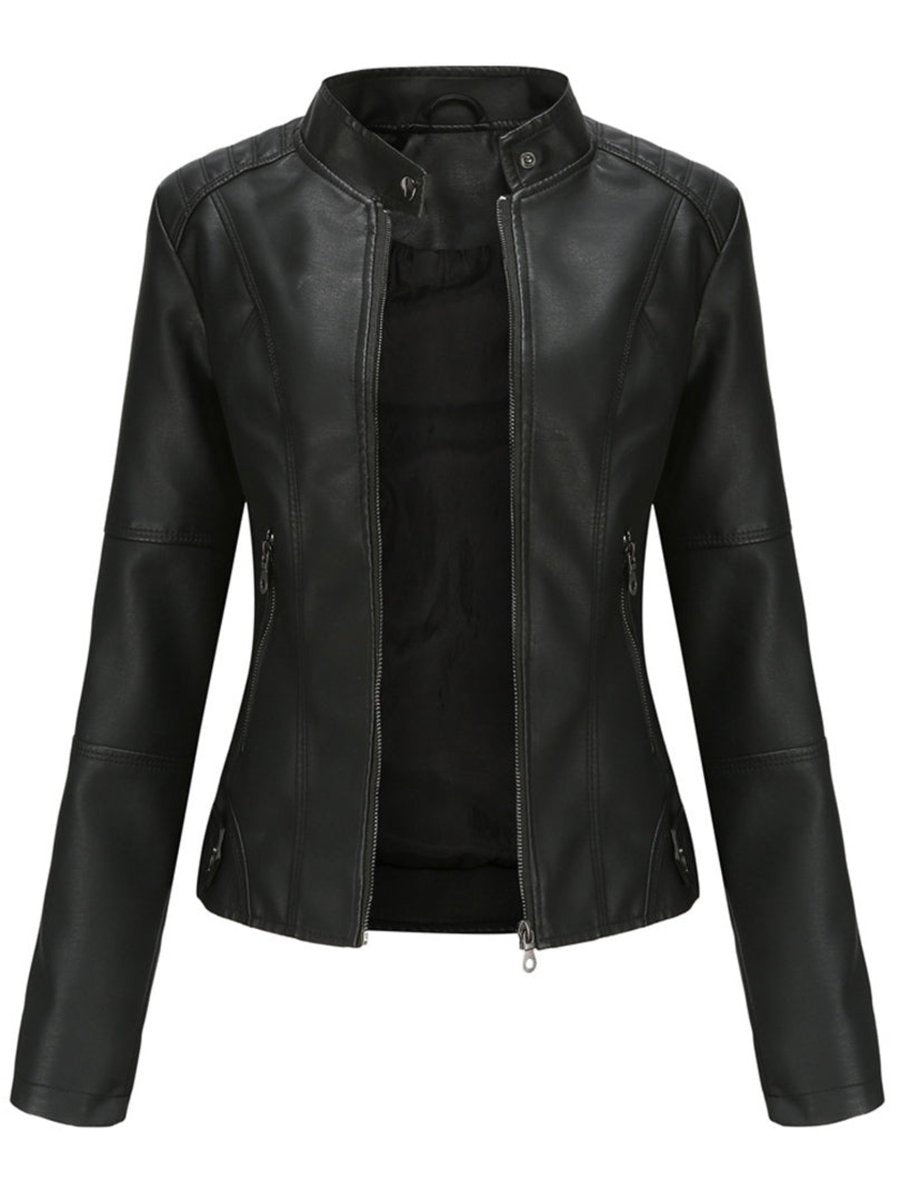 Damen Taillierte Kunstleder Biker Jacke Reißverschluss - Schwarz
