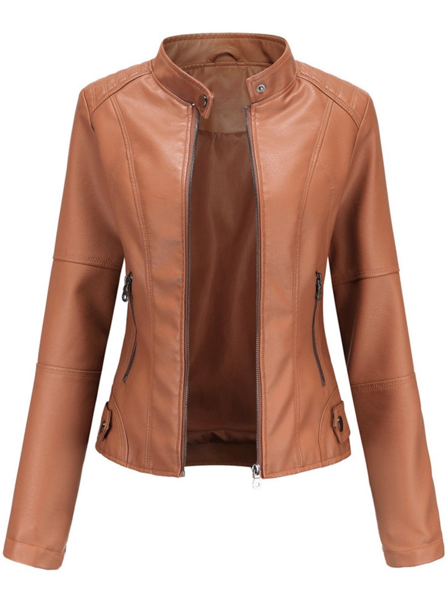 Damen Taillierte Kunstleder Biker Jacke Reißverschluss - Braun