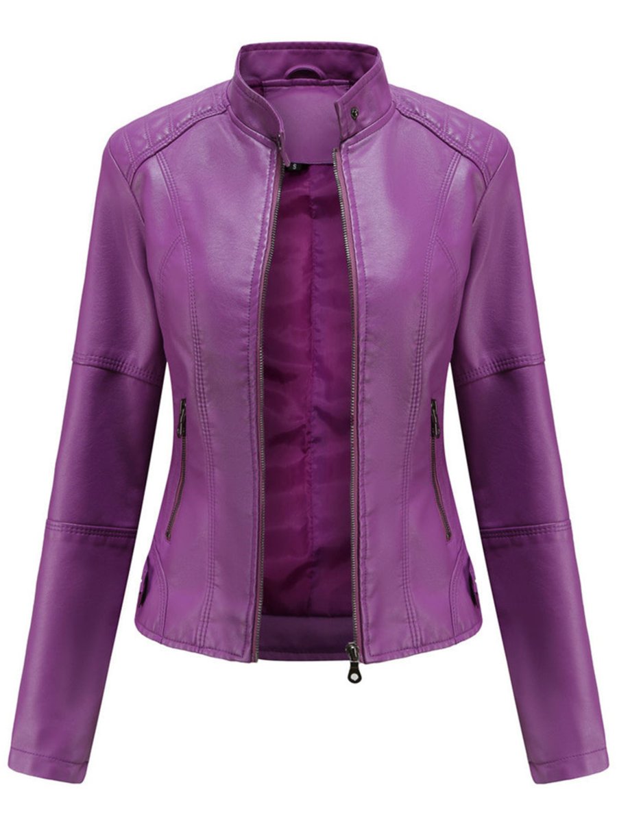 Damen Taillierte Kunstleder Biker Jacke Reißverschluss - Lila