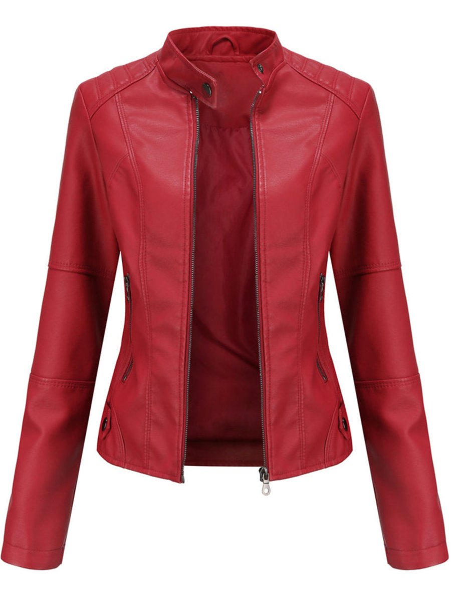 Damen Taillierte Kunstleder Biker Jacke Reißverschluss - Rot