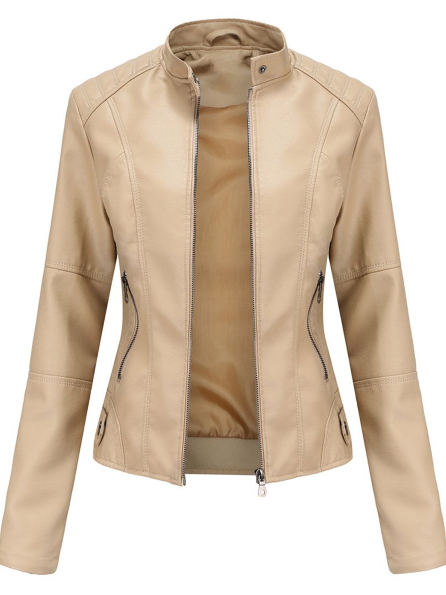 Damen Taillierte Kunstleder Biker Jacke Reißverschluss - Beige