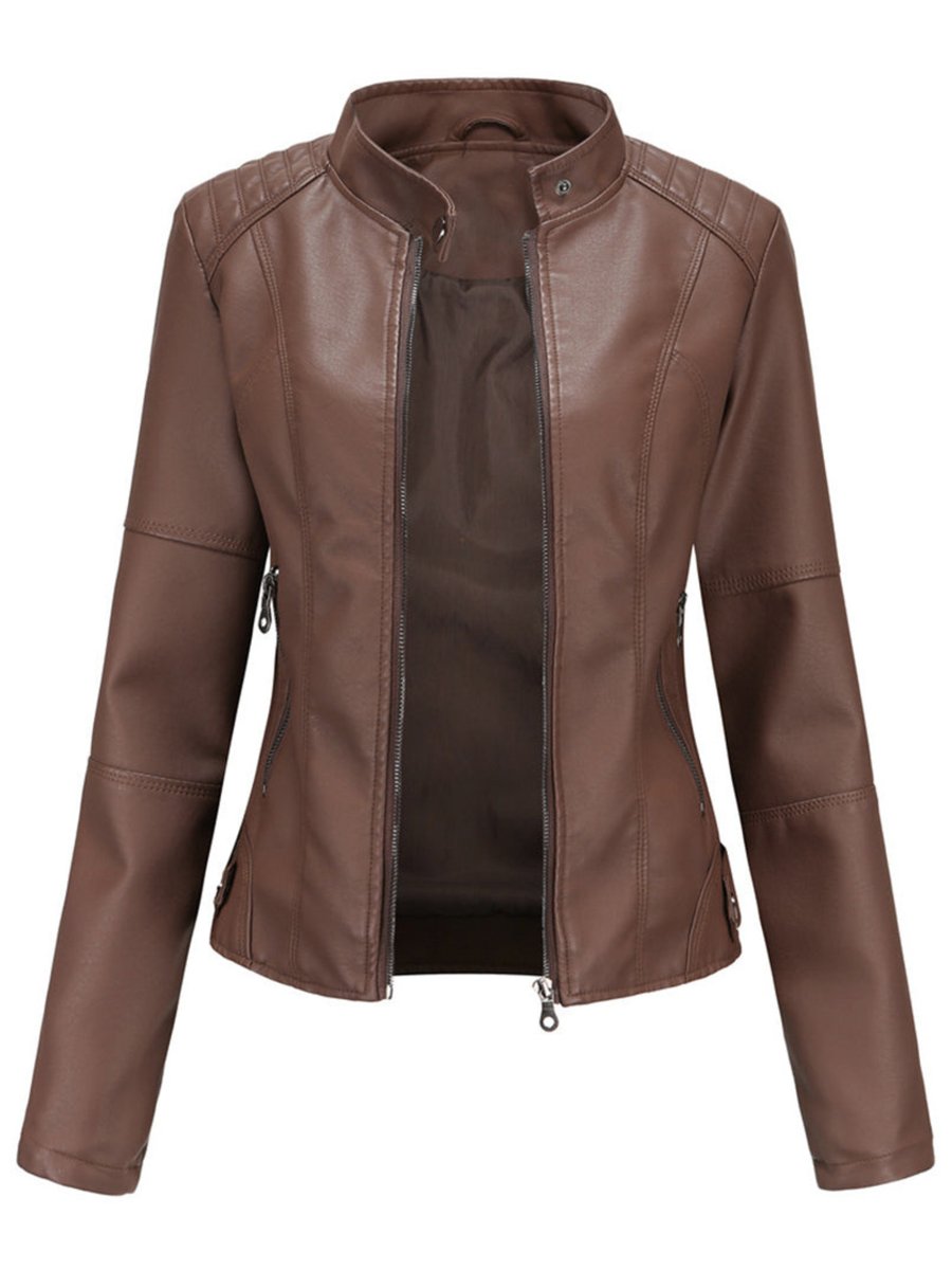 Damen Taillierte Kunstleder Biker Jacke Reißverschluss - Dunkelbraun