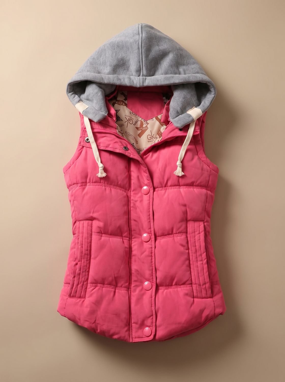 Damen Wattierter Bodywarmer mit Kontrastkapuze Druckknopfleiste - Fuchsia