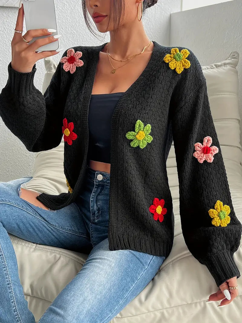 Strickjacke Damen Offene Front | Blumen-Applikation 3