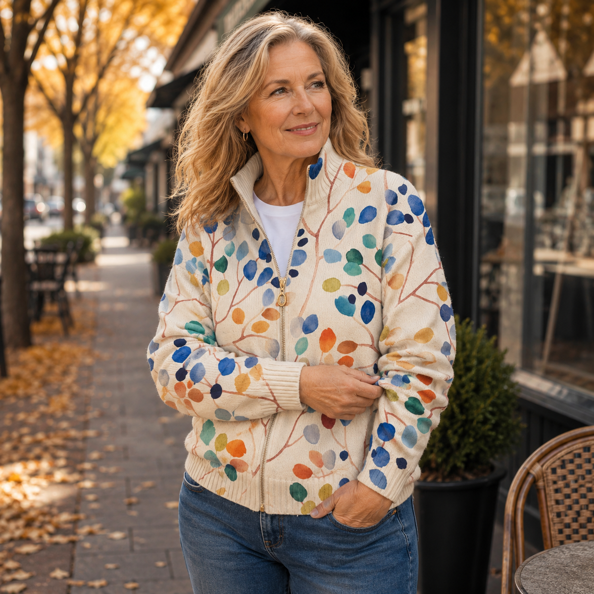 Strickjacke Damen | Reißverschluss & Pflanzenmuster 2