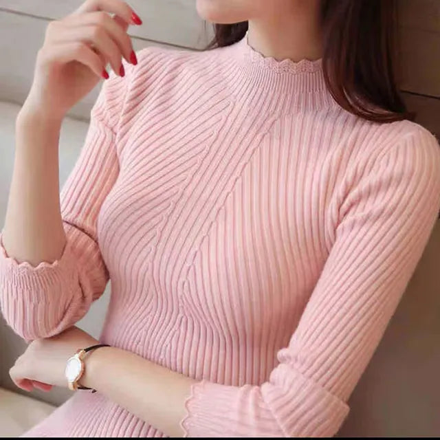 Lozenda - Damen Herbst Pullover mit Rollkragen und Rüschen