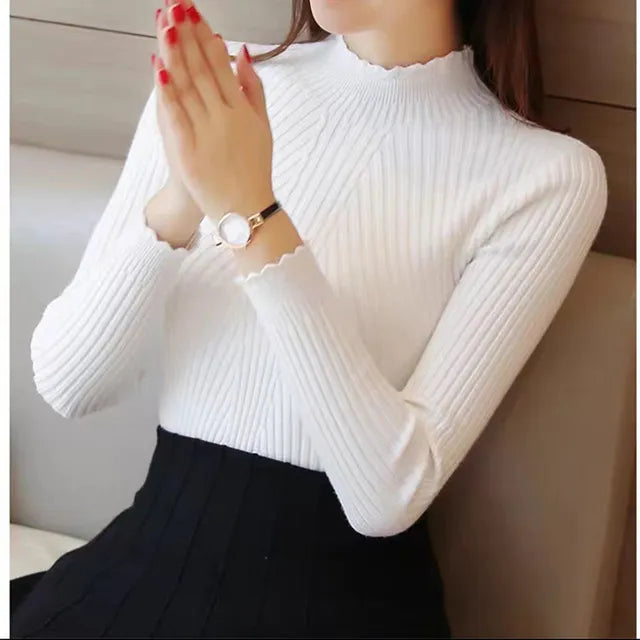 Lozenda - Damen Herbst Pullover mit Rollkragen und Rüschen