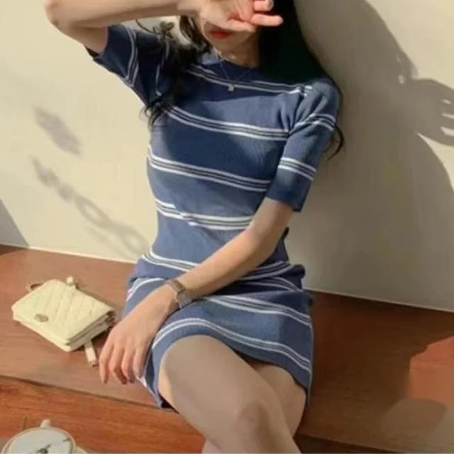 Lozenda - Gestreiftes Kleid Koreanisch Chic