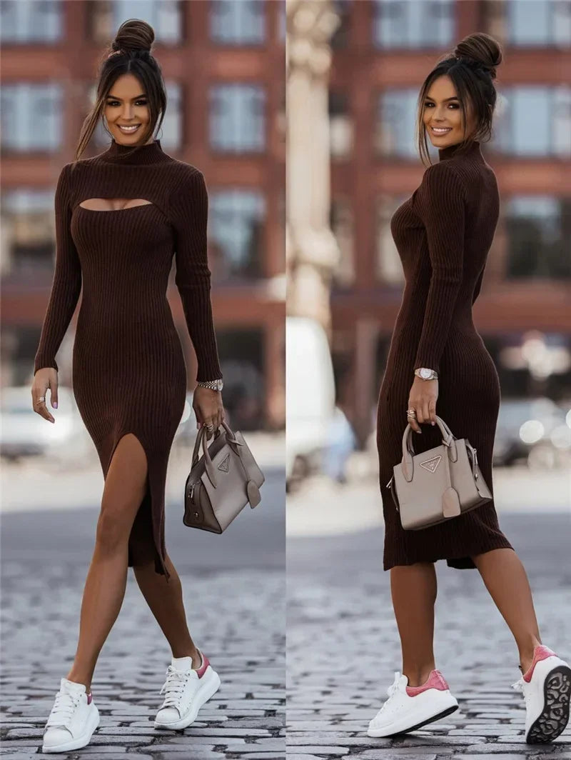 Lozenda - Gestricktes Geripptes Bodycon-Kleid für Frauen