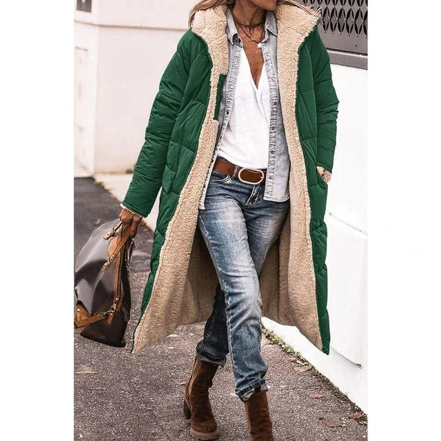 Lozenda - Reversible Sherpa Fleece lange Puffermäntel mit Kapuze Oberbekleidung