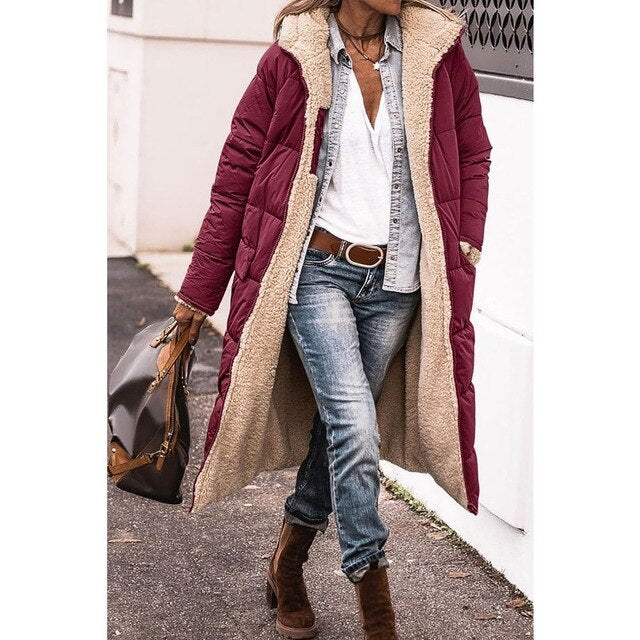 Lozenda - Reversible Sherpa Fleece lange Puffermäntel mit Kapuze Oberbekleidung