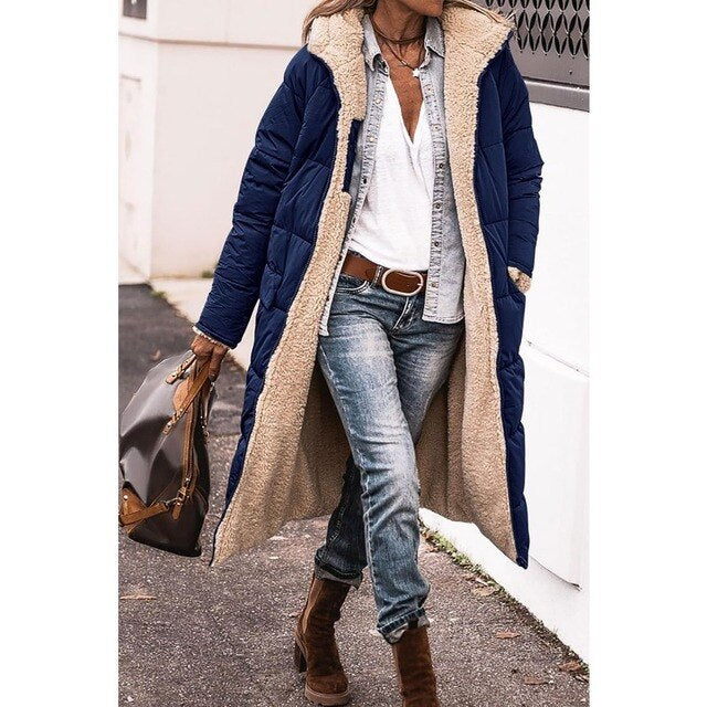 Lozenda - Reversible Sherpa Fleece lange Puffermäntel mit Kapuze Oberbekleidung