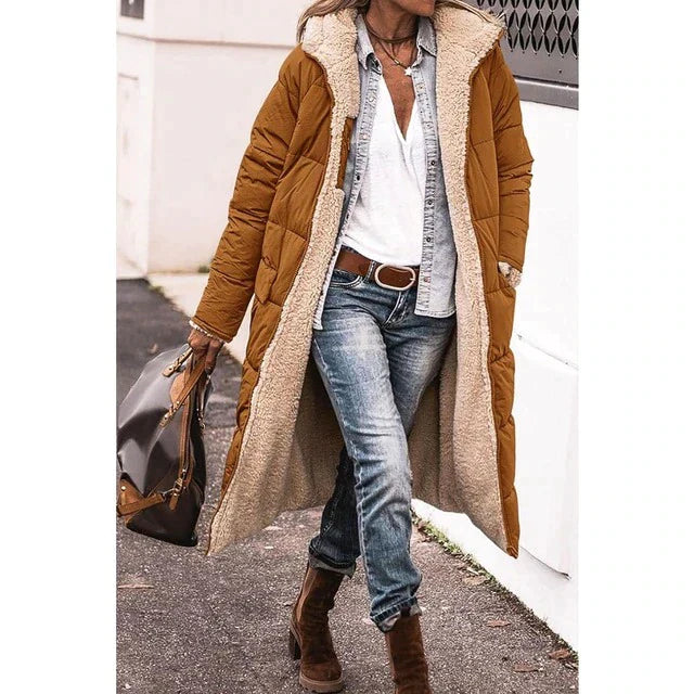 Lozenda - Reversible Sherpa Fleece lange Puffermäntel mit Kapuze Oberbekleidung